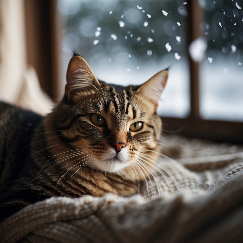 cat by window with snow outside