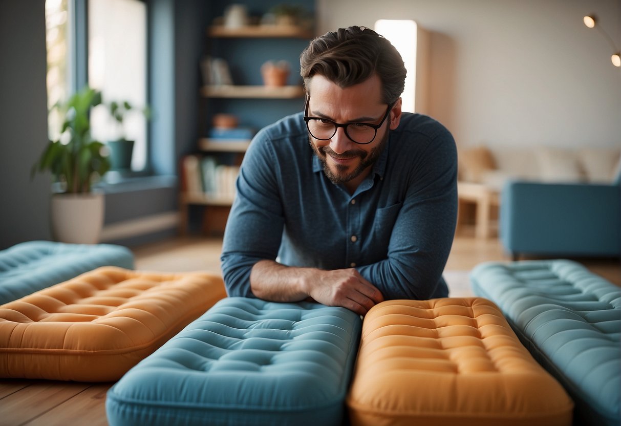 man smiling on top of small air mattresses