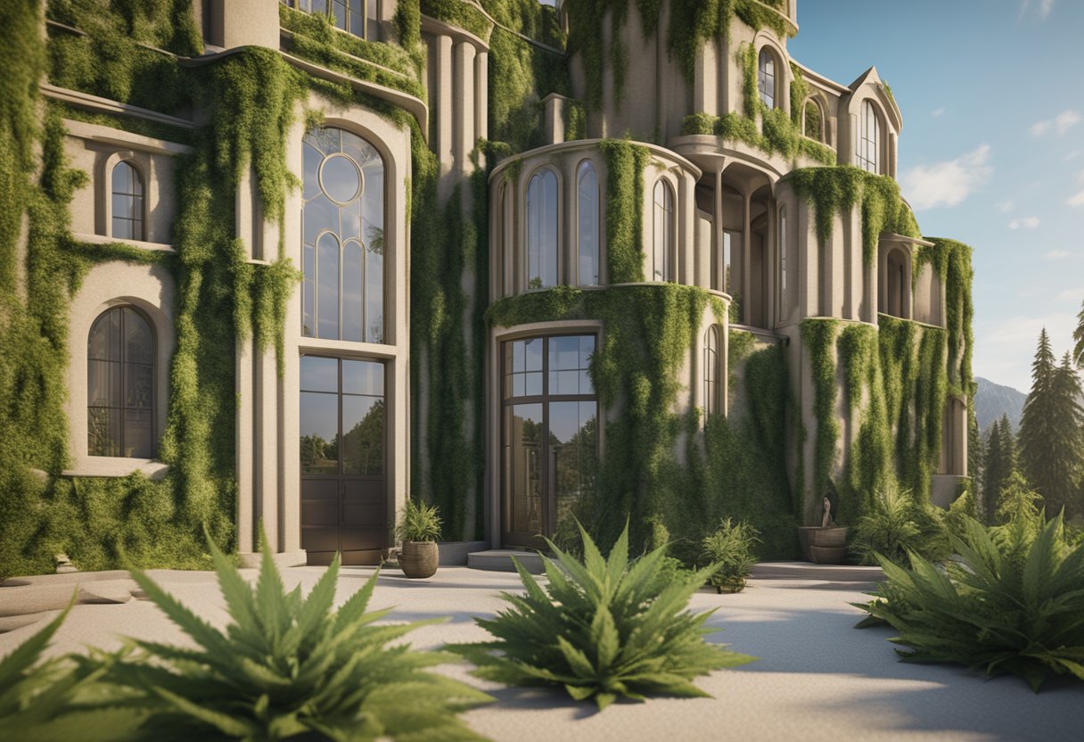 hemp plants growing outside a large house
