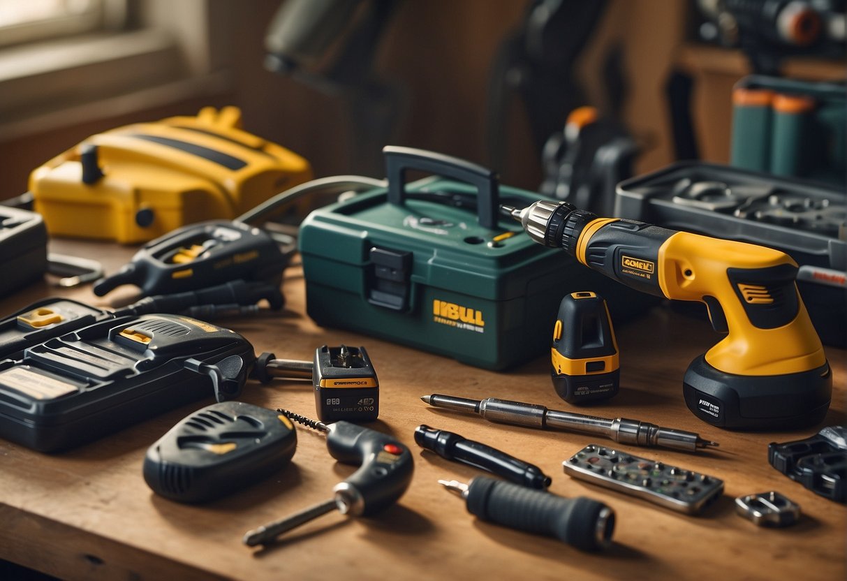 yellow cordless drill, accessories and tool kit on a table