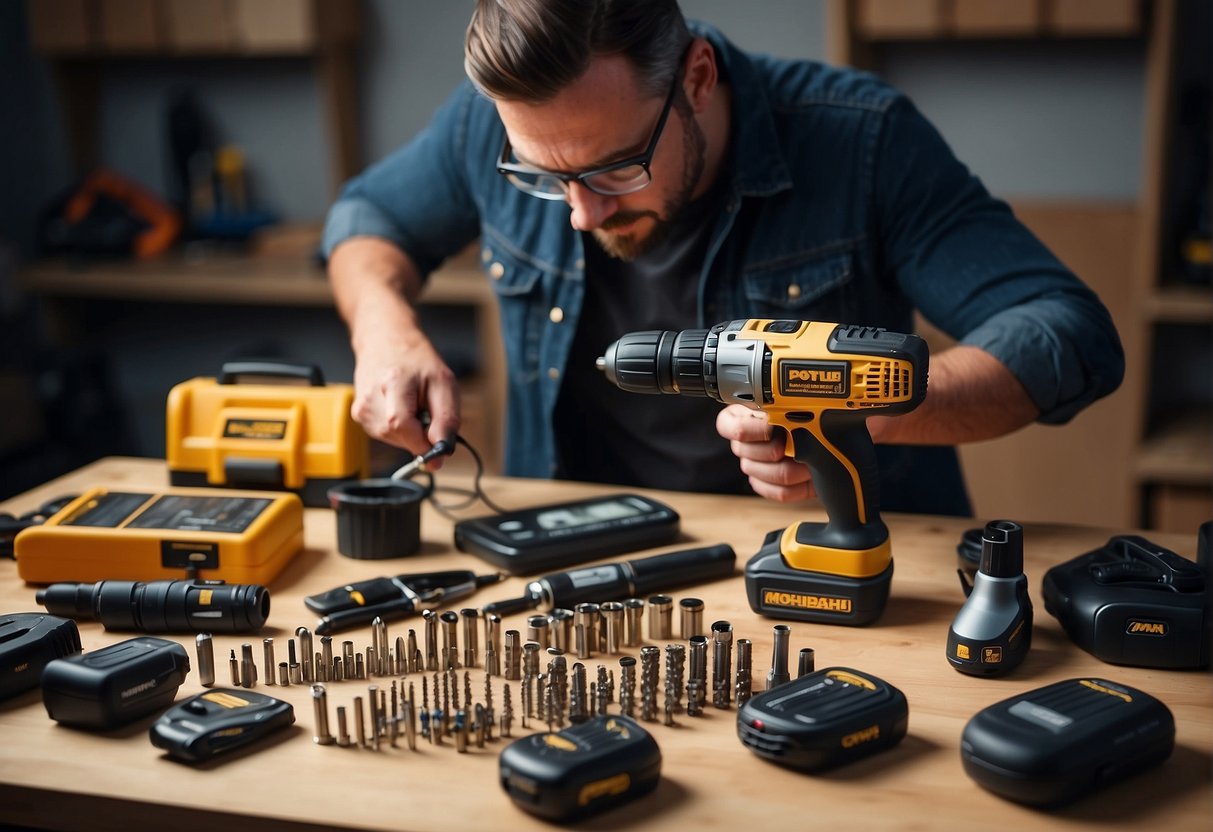 man working on a table with yellow and black cordless drill on the side