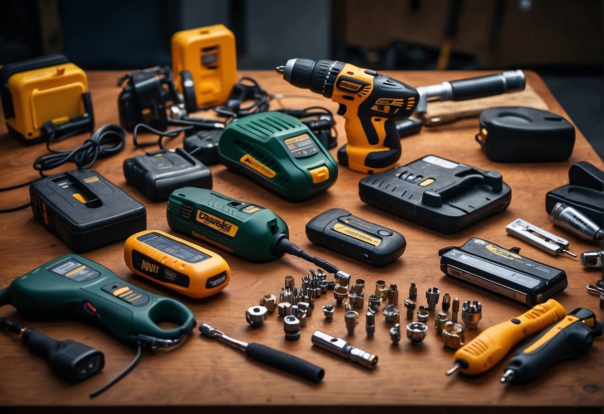 a few cordless drills and accessories on a table