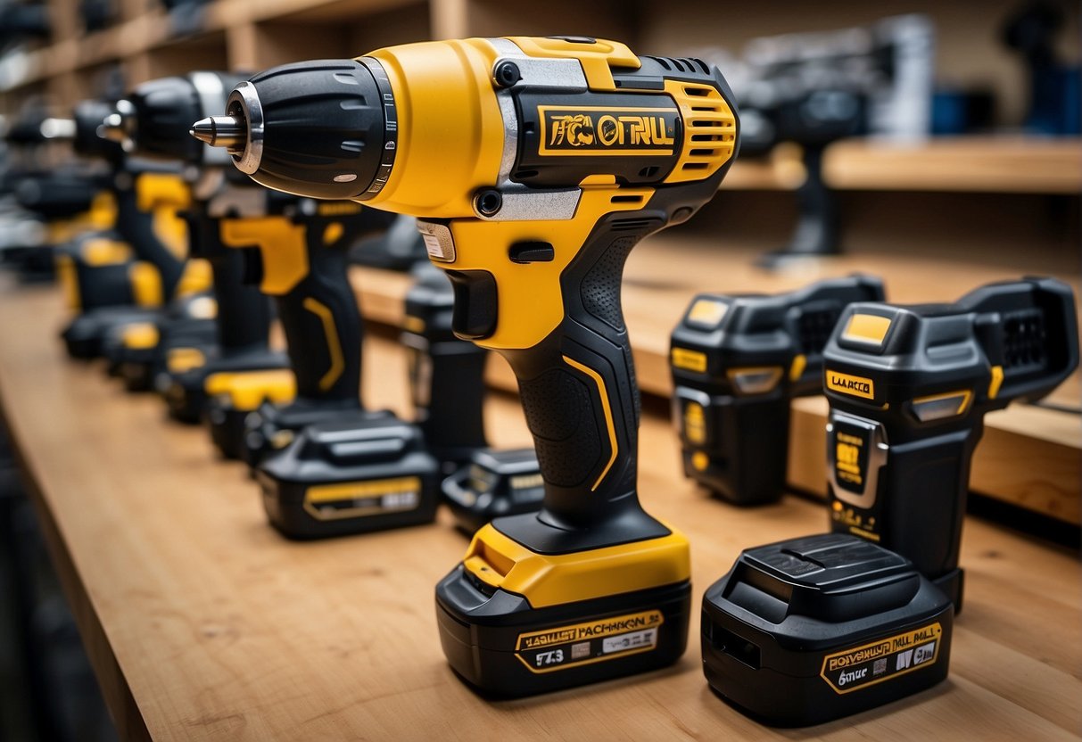 a few yellow and black cordless drills on a table
