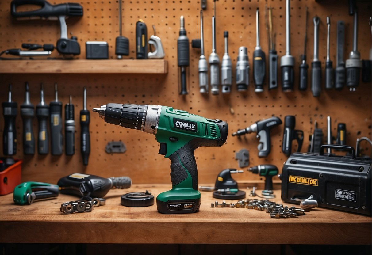green and black cordless drill with accessories on a tool shed