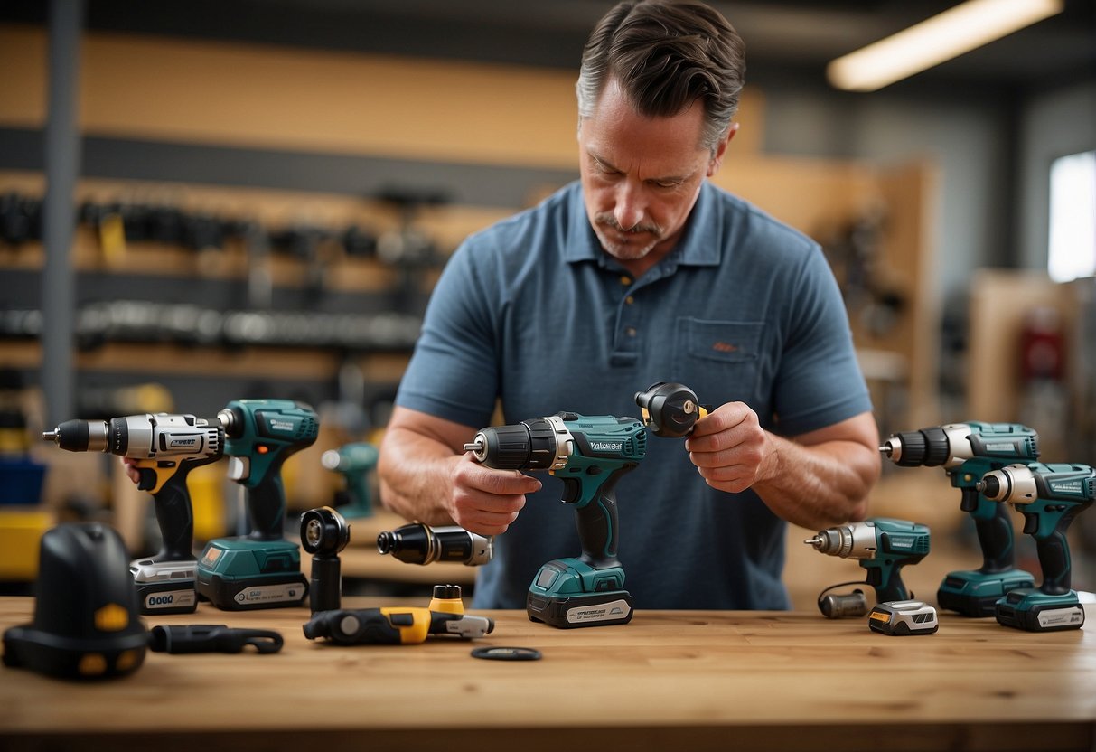 man looking a a cordless drill and a few cordless drills on a table