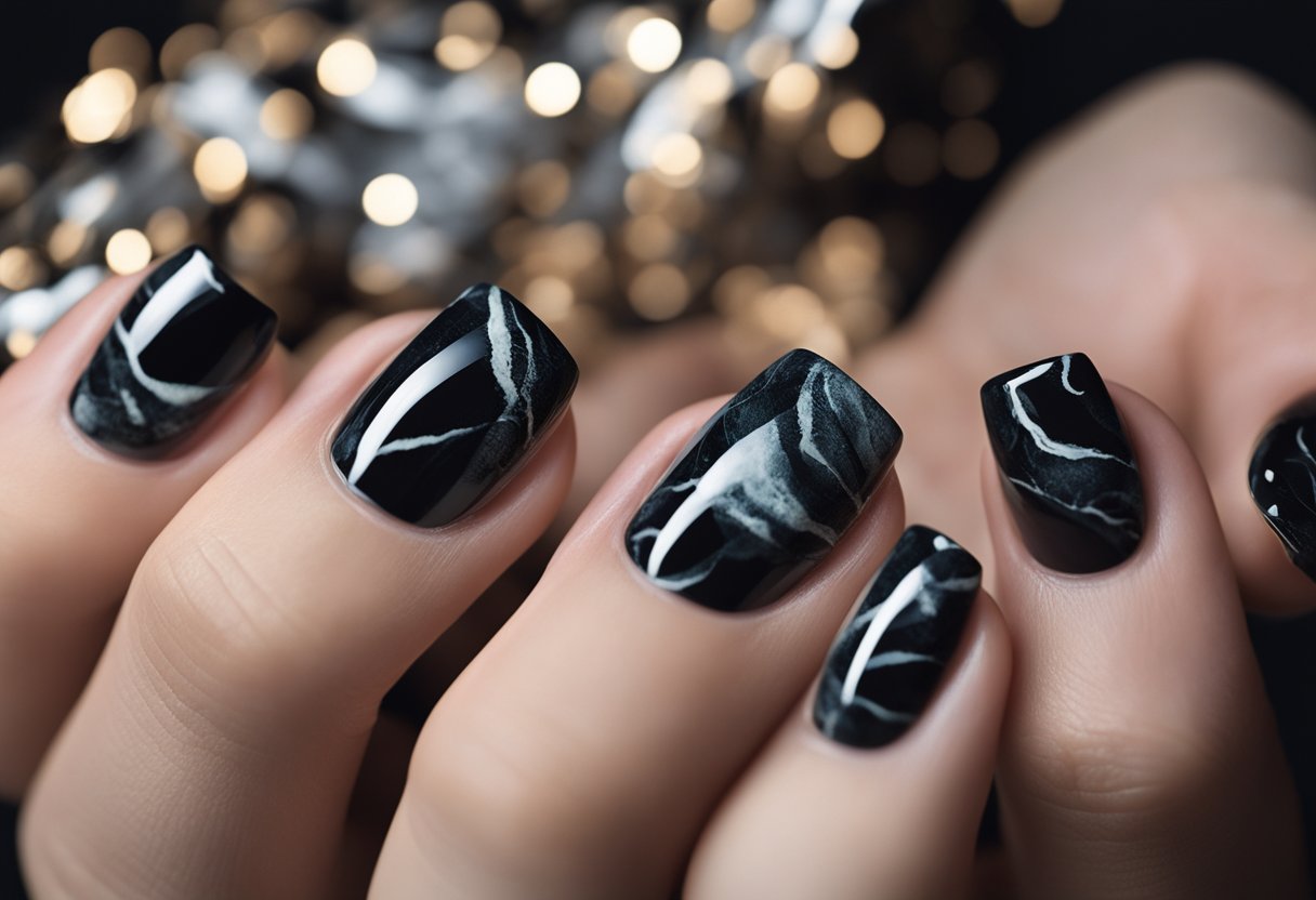 Matte + Marbled Black Nail designs