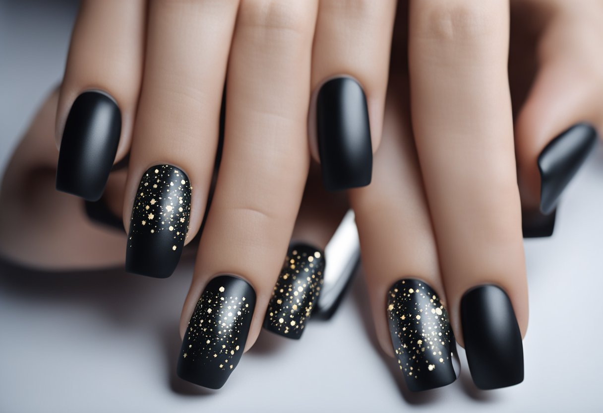 Matte Black Celestial Nails with Gold Stars