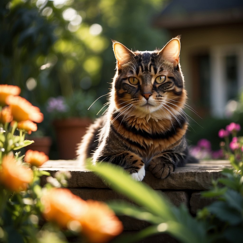 Tortoiseshell cat in garden