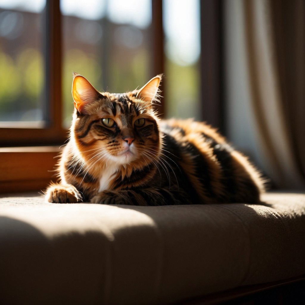 Tortoiseshell cat in window. Torties are thought to be sassy and feisty