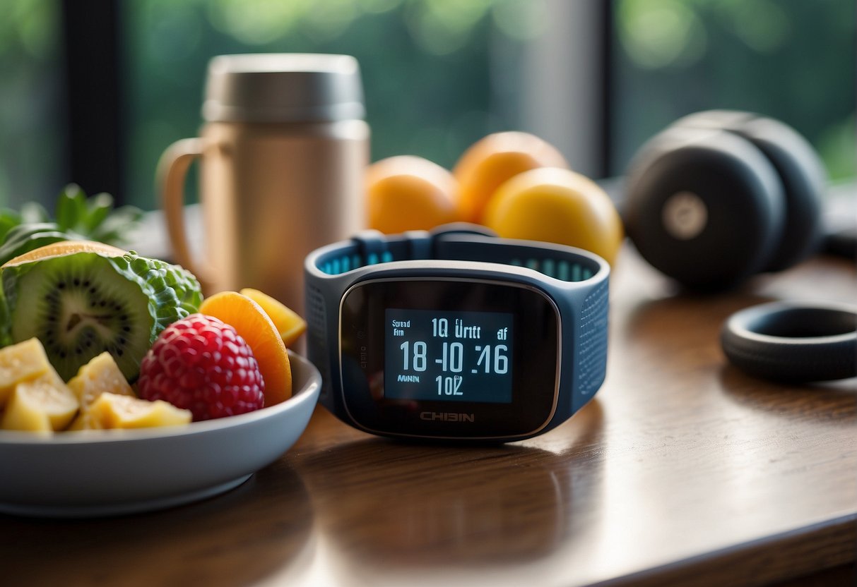 fitness tracker, a plate of fruits and a stainless steel mug on a table