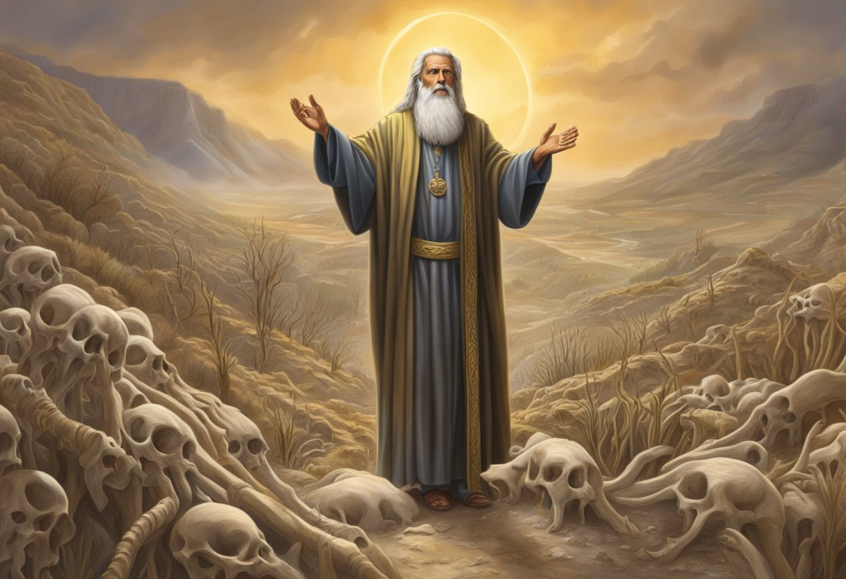 Ezequiel profetizando no vale de ossos secos