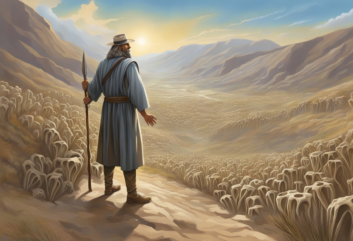 Ezequiel olhando para um grande vale de ossos secos