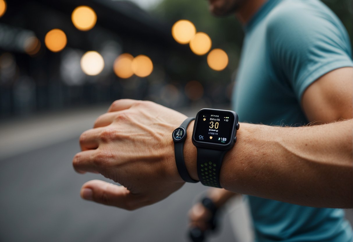 man showing wrist with fitness tracker and a running man on the background