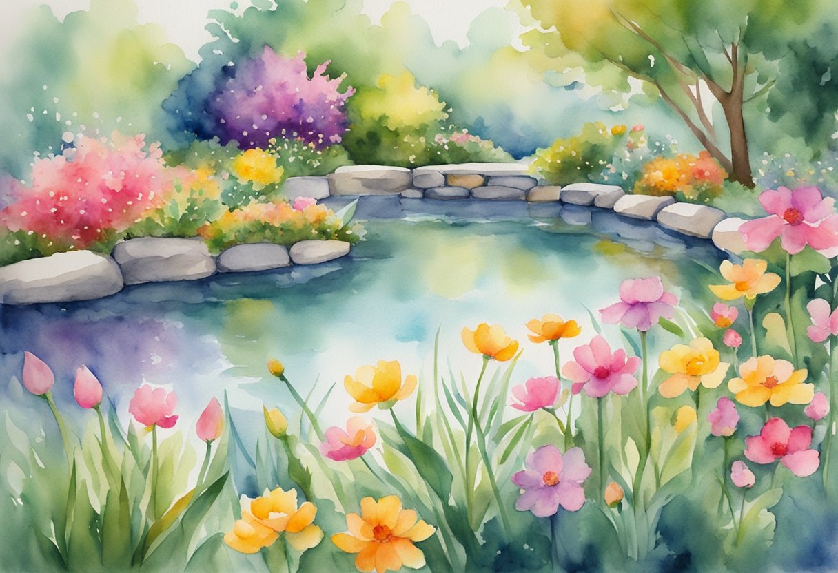 A digital watercolor of a reflection pond