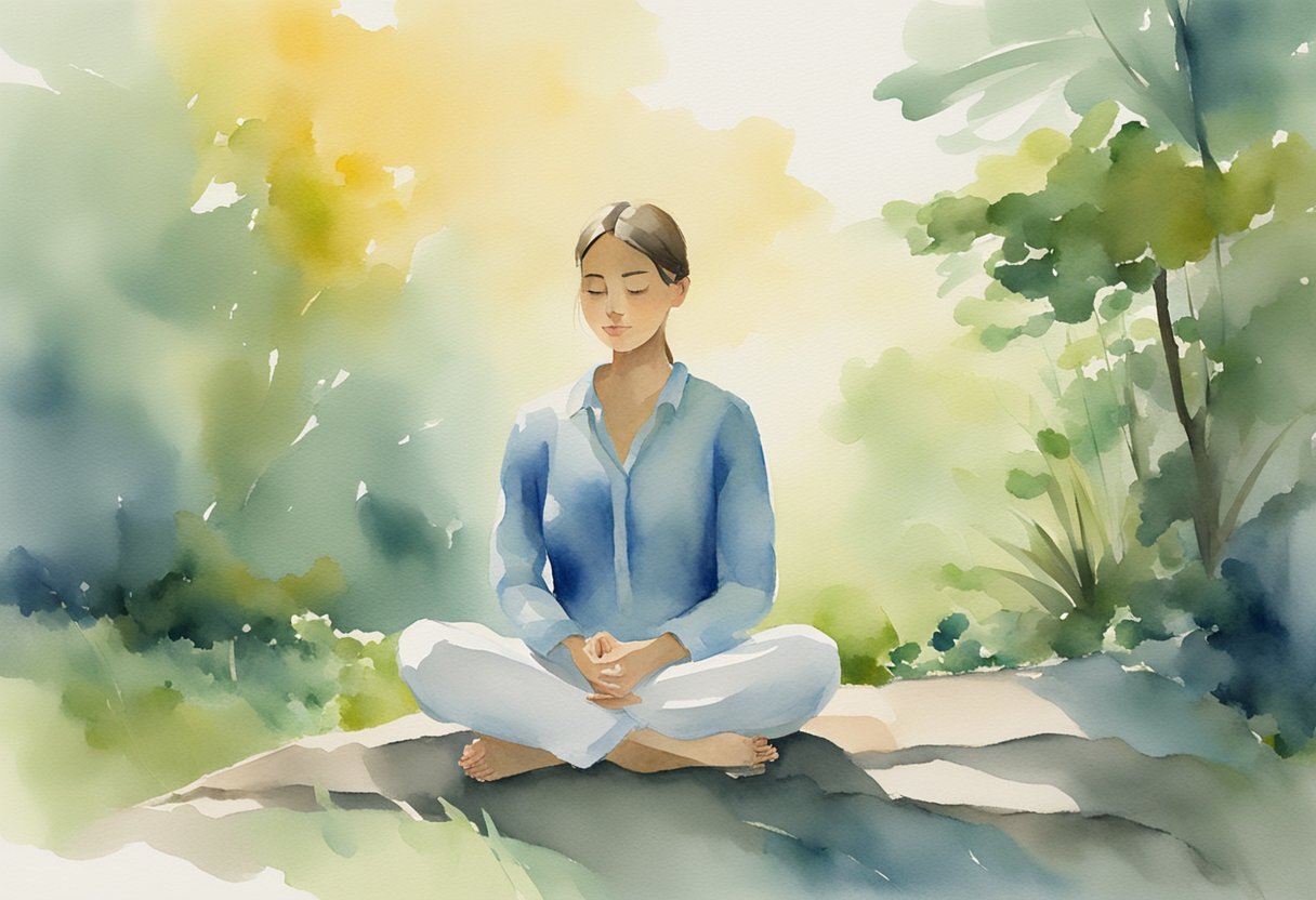 A digital watercolor of a woman meditating