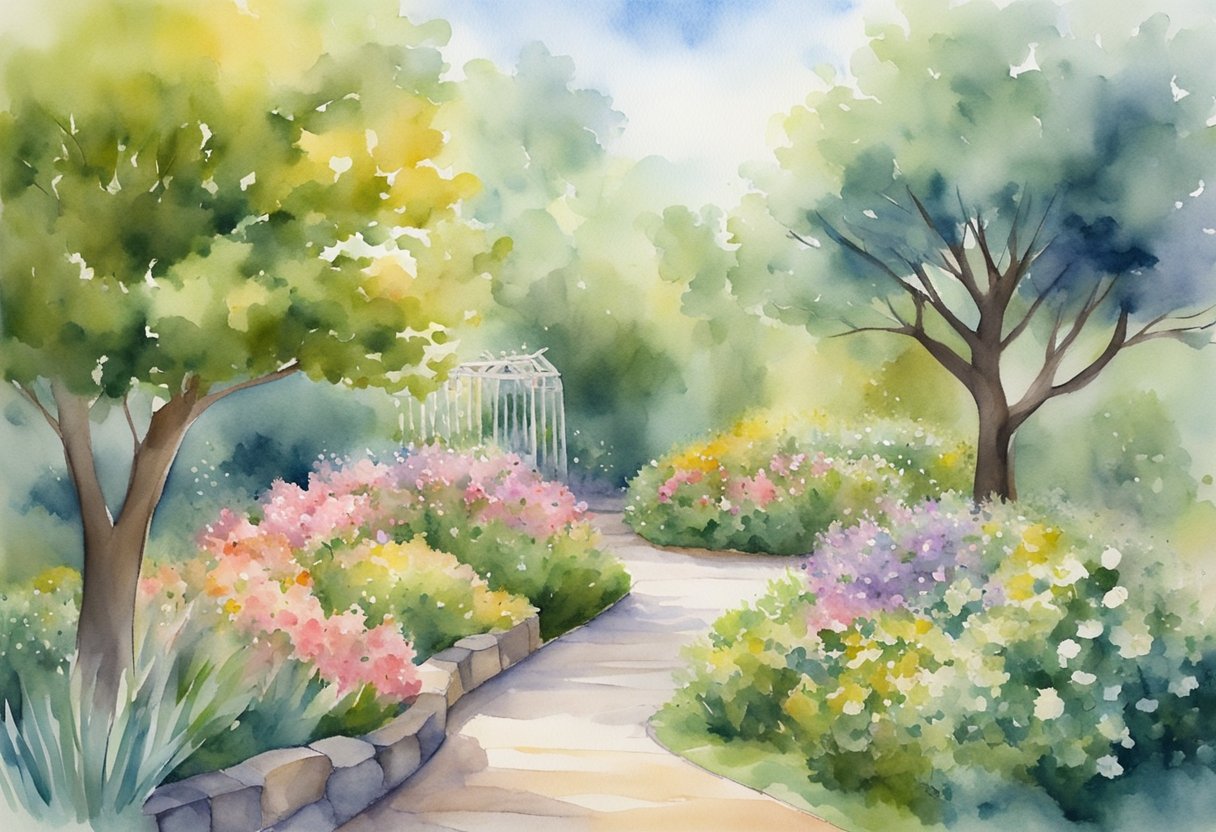 A digital watercolor of a flower garden