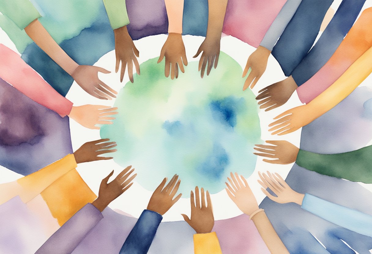 A digital watercolor of hands in a circle