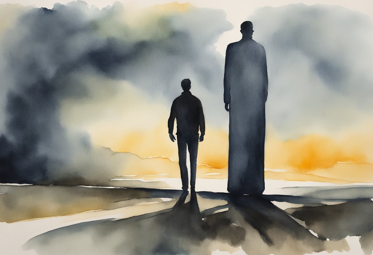 A digital watercolor of a man walking with death