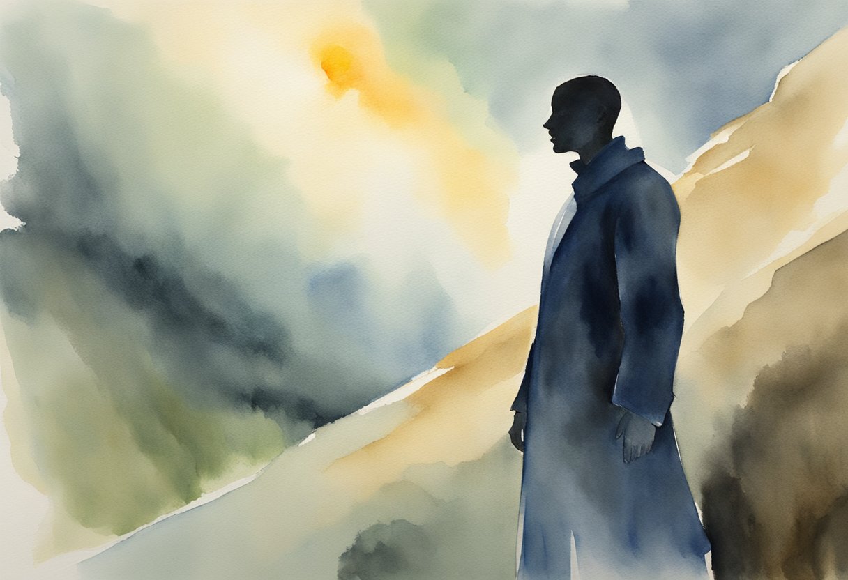 A digital watercolor of a faceless man's silhouette