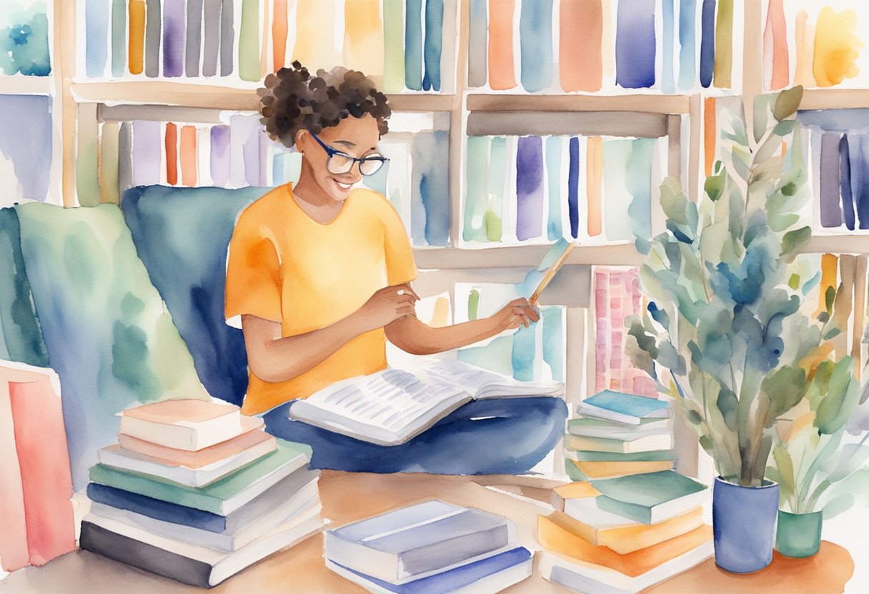 A digital watercolor of a woman in a library