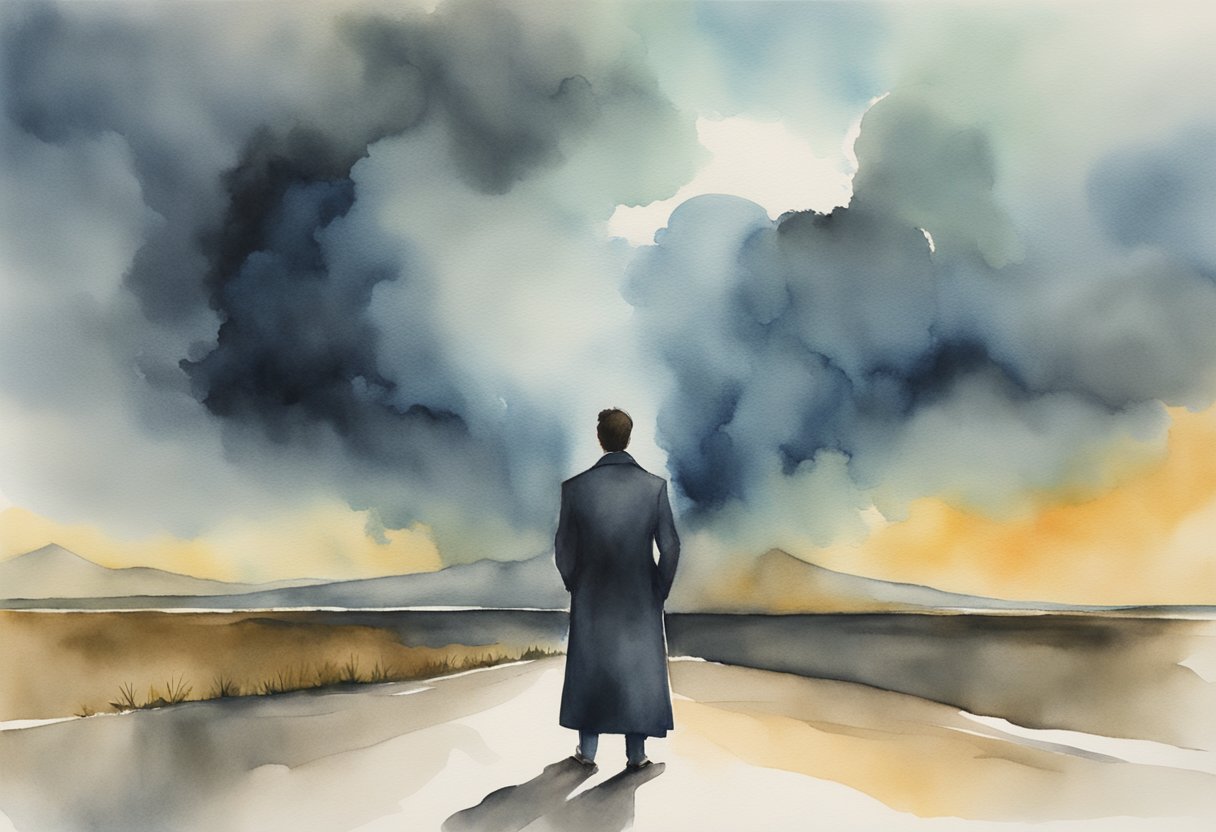 A digital watercolor of a man facing the oncoming storm