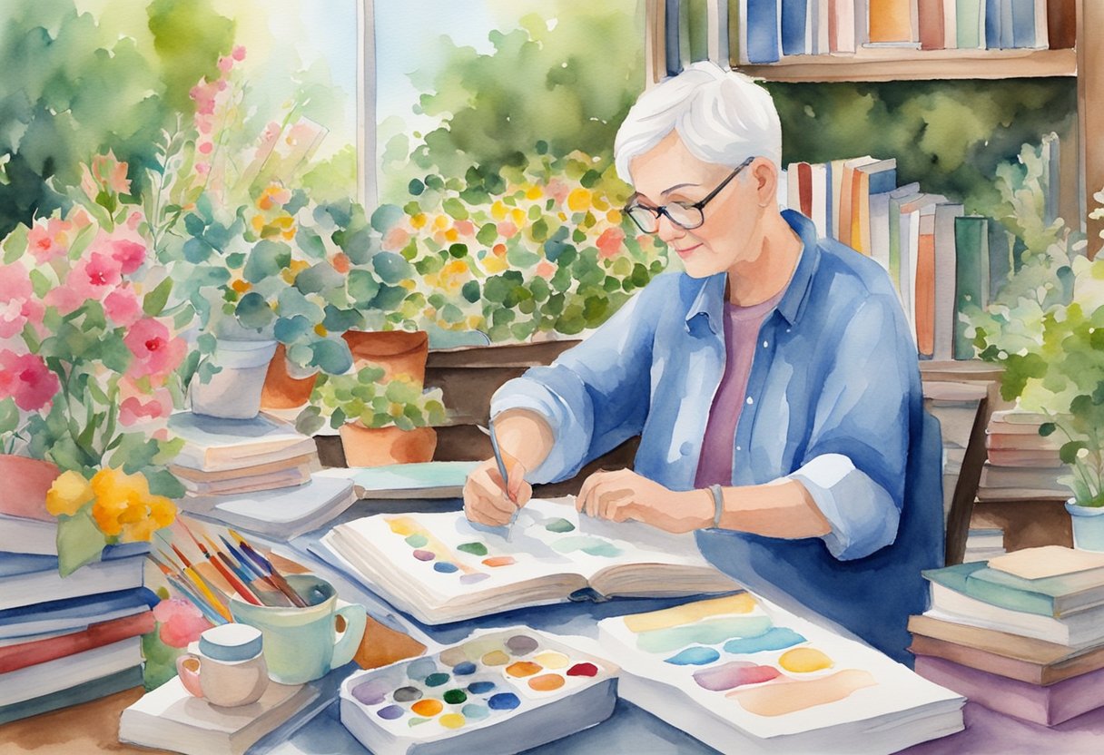 A digital watercolor of a woman painting