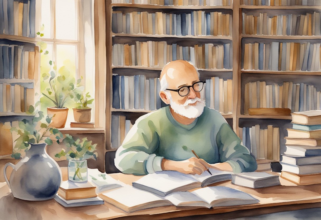 A digital watercolor of a distinguished gentleman studying in his library