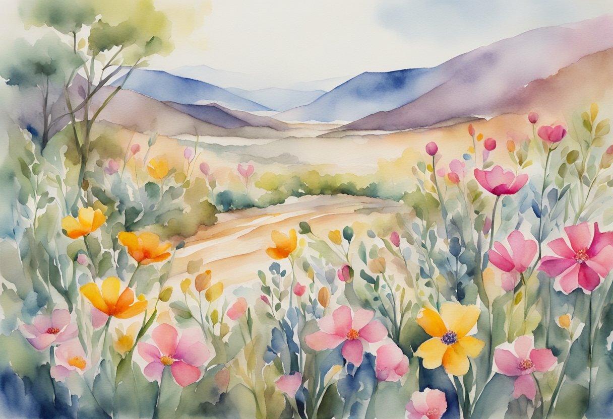 A digital watercolor of wildflowers in a meadow