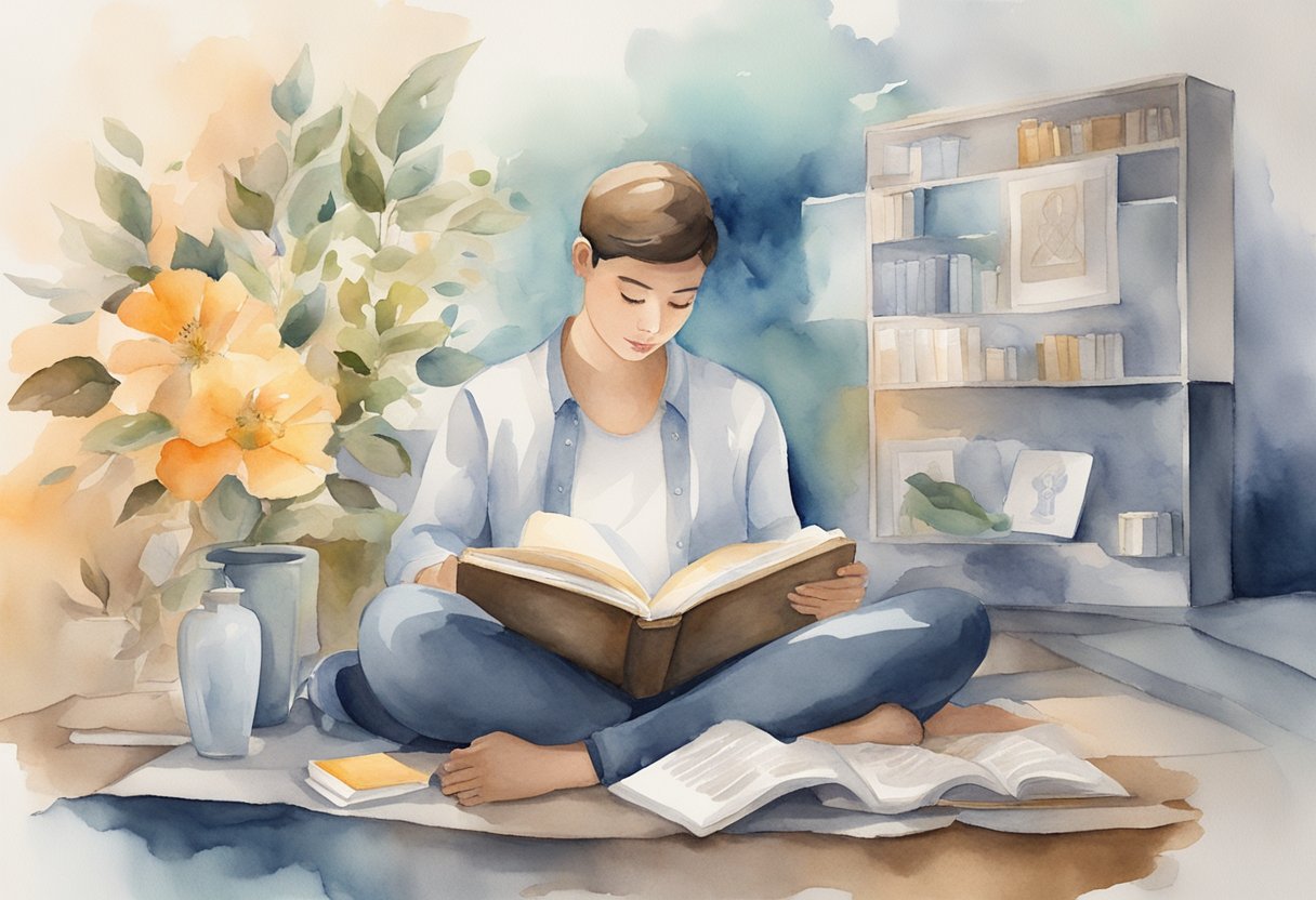 A digital watercolor of a person reading a book