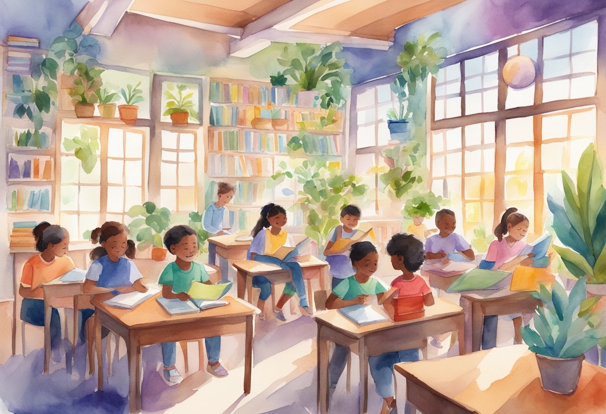 A digital watercolor of school children