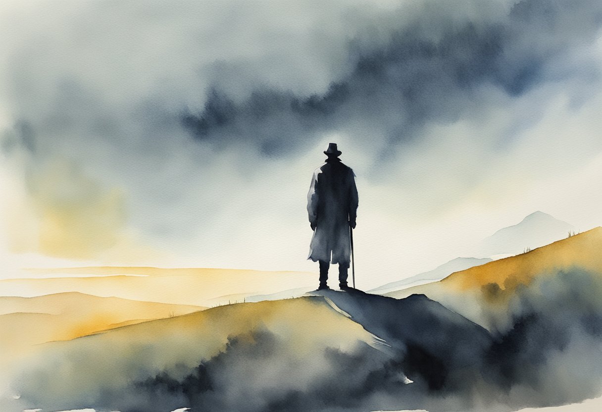 A digital watercolor of a man in a trenchcoat on a ridge