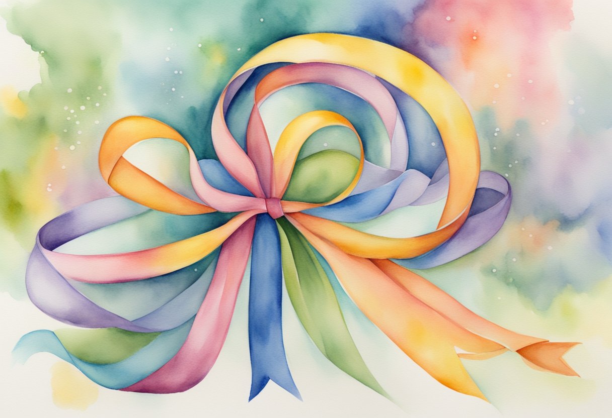 A digital watercolor of multi colored ribbons tied together