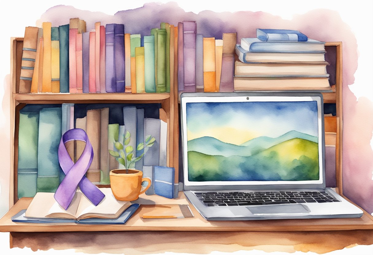 A digital watercolor of a laptop , books and a purple cancer ribbon