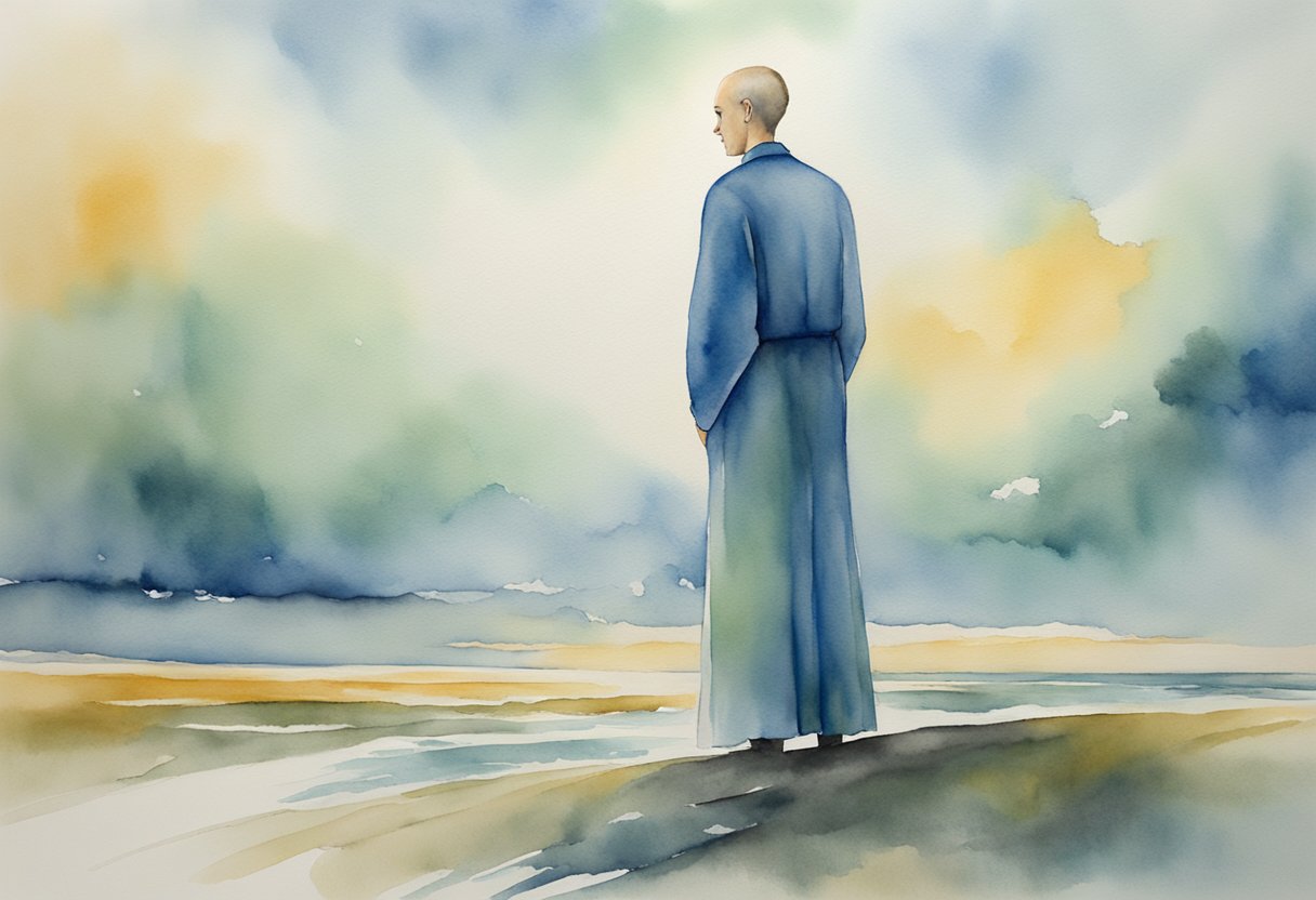 A digital watercolor of a person standing on a beach