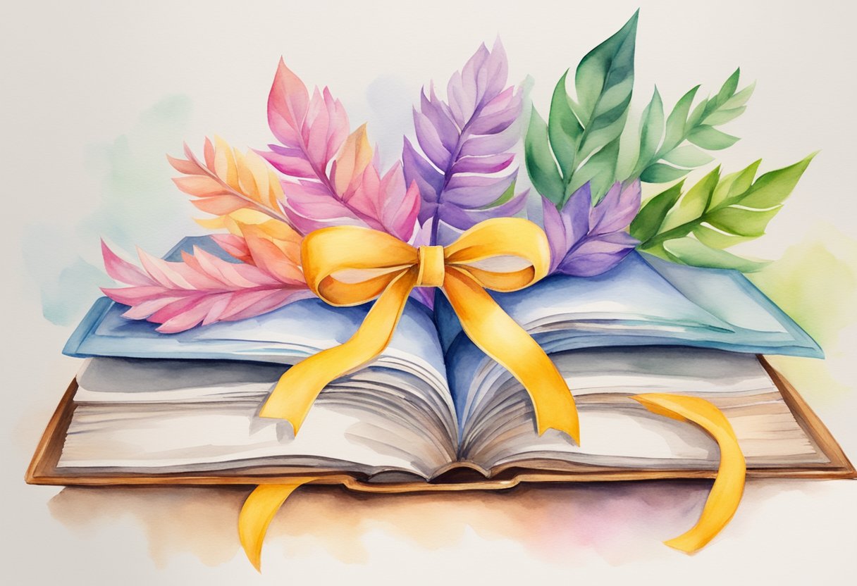 A digital watercolor of a book with a ribbon and flowers