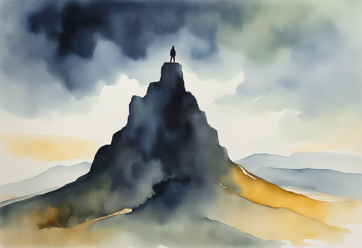 A digital watercolor of a man on top of the mountain