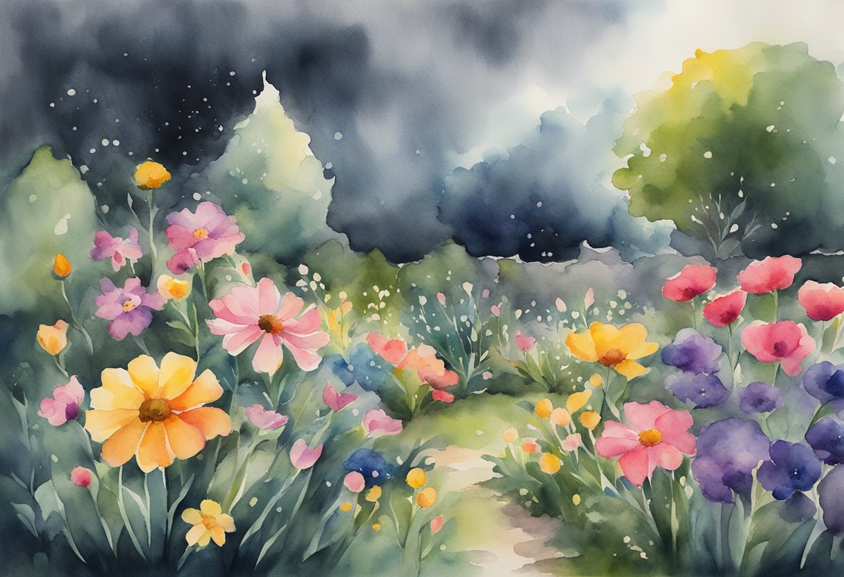A digital watercolor of a flower garden before the storm