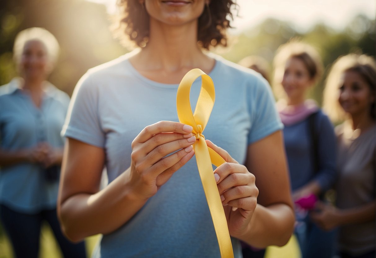 A photo of a woman holding a ribbon