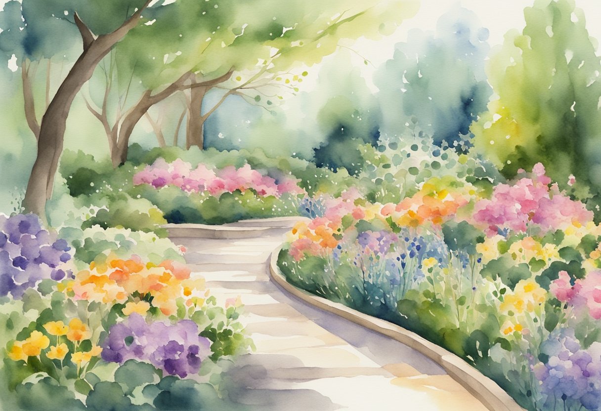 A digital watercolor of a pathway through a flower garden