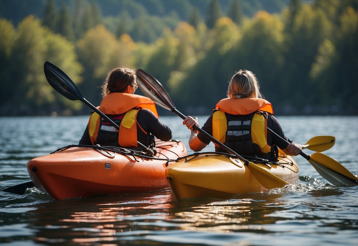 2 people kayaking down the water