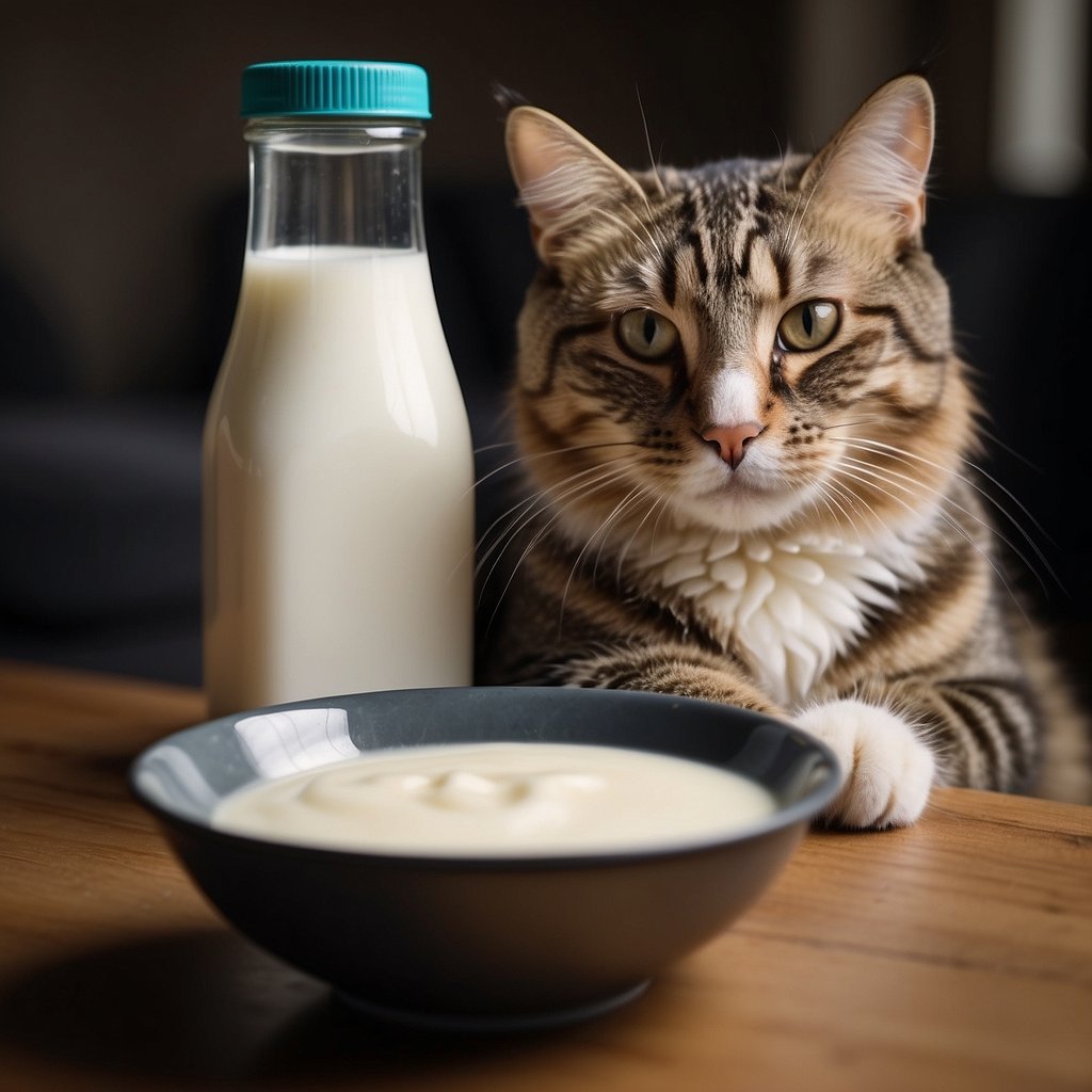 cat with yogurt and bottle
