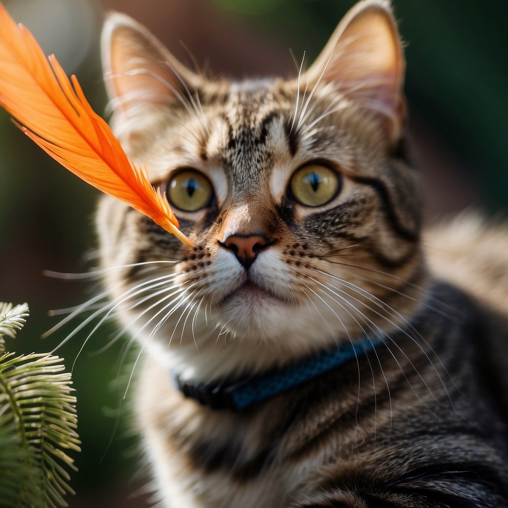 orange feather toy and cat