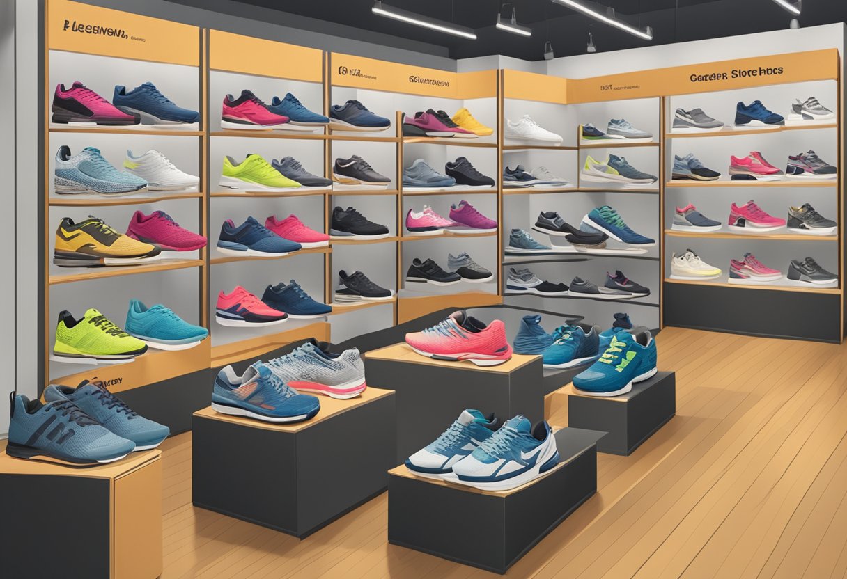 different types of athletic shoes on display on a shoe store