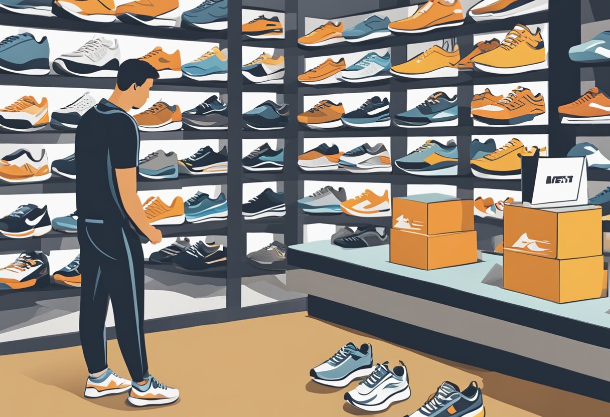 man looking at athletic shoes in a store