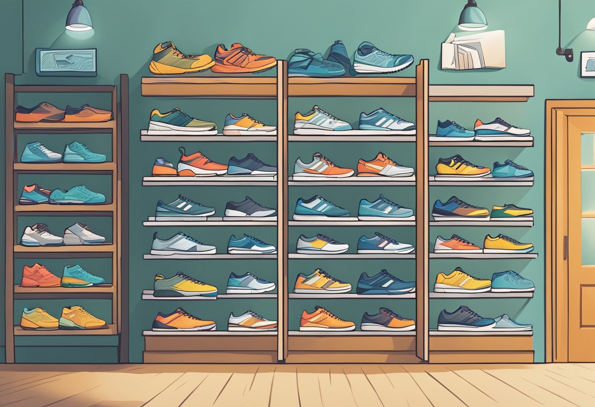 different types of athletic shoes on display on shelves