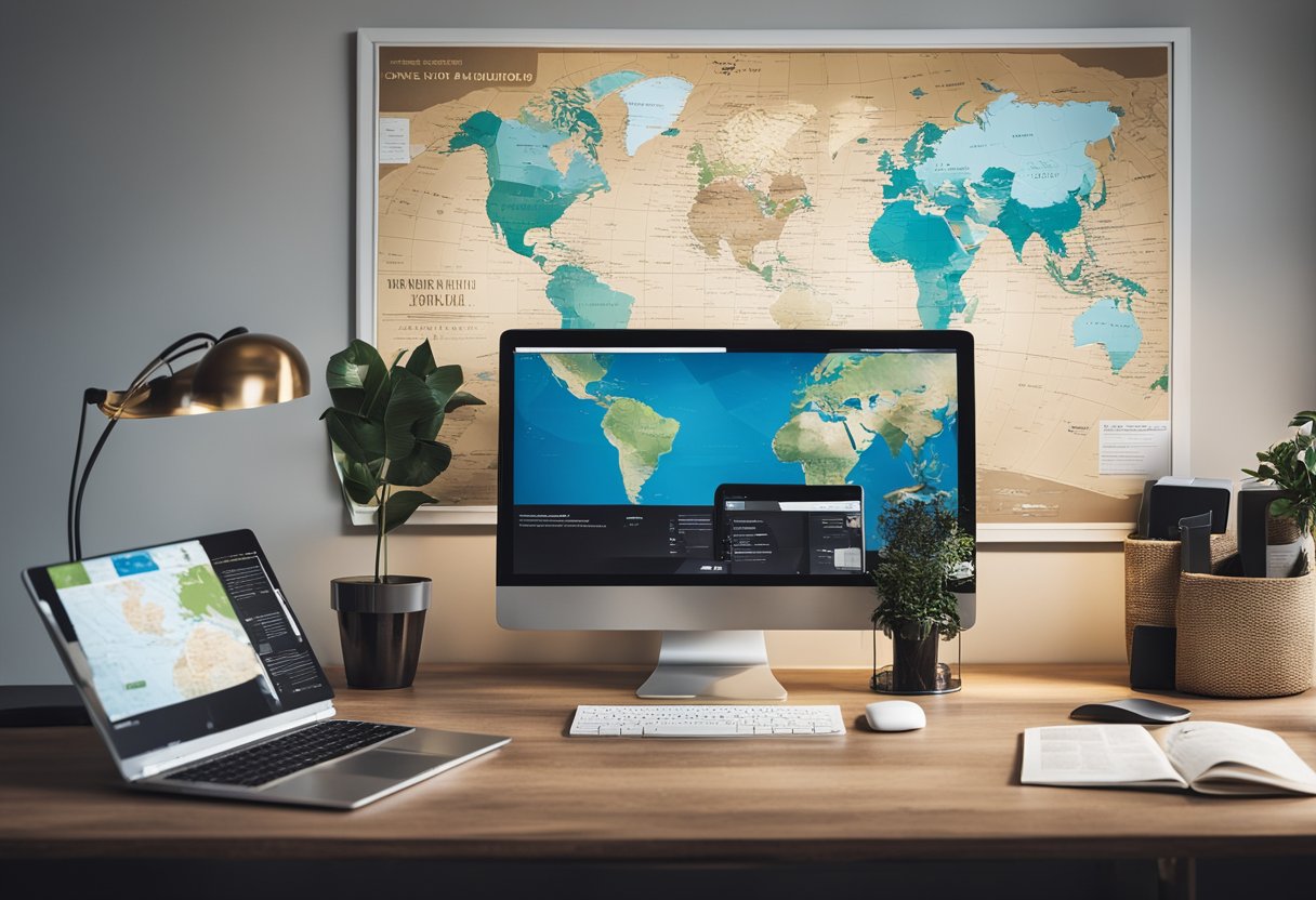 A desktop screen and a laptop placed on a screen showing world map