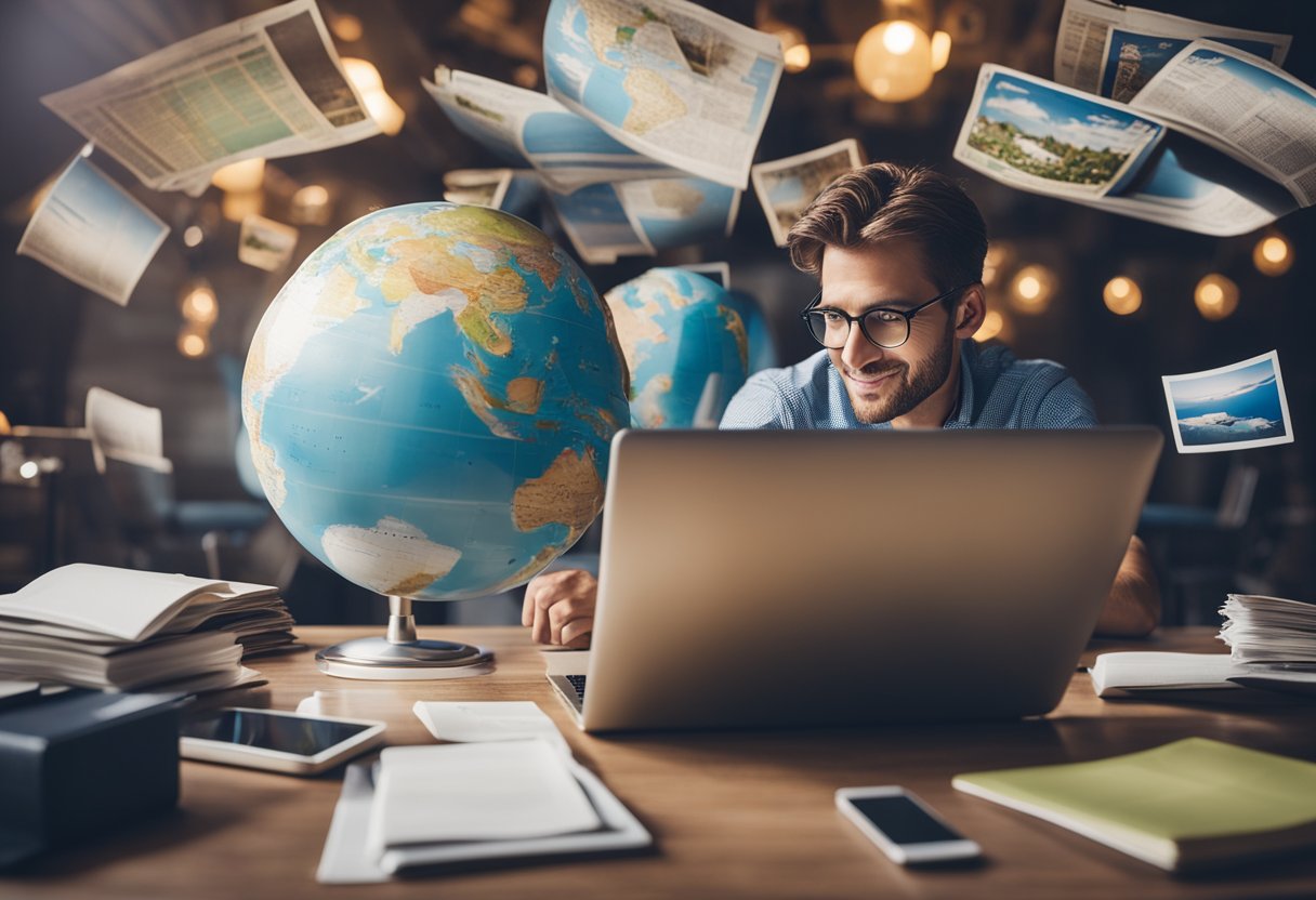 A person working on a laptop with a globe nearby and papers scattered around.