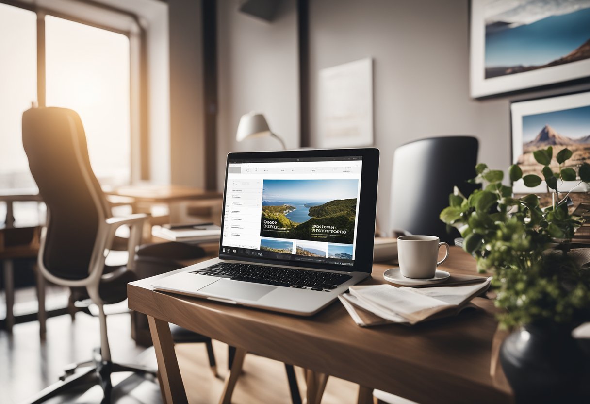 A laptop, cup of coffee and papers placed on an office desk