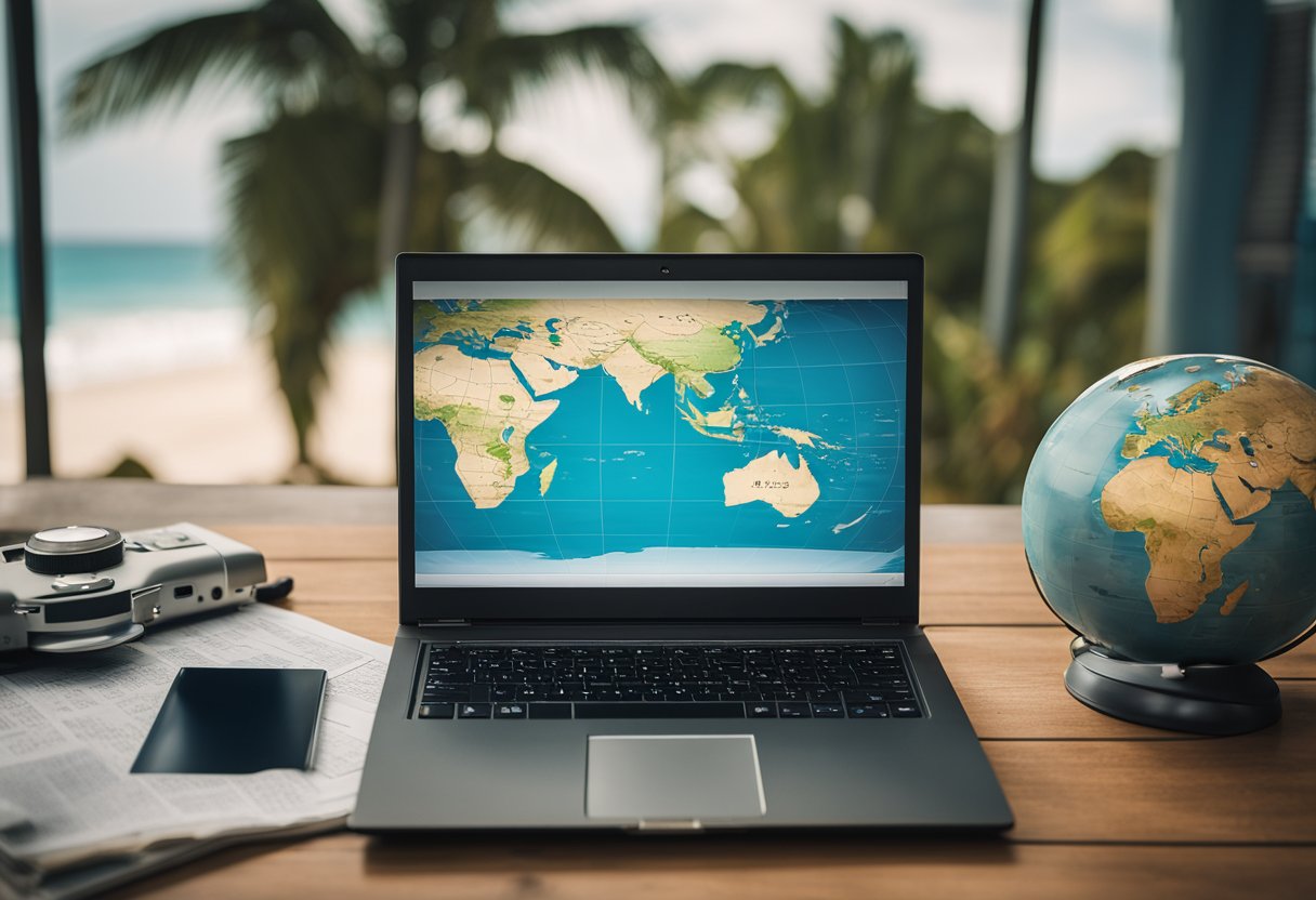 A laptop placed on a wooden desk along with phone and globe nearby.