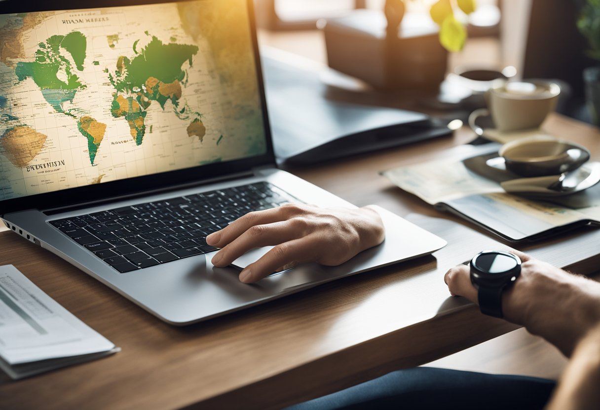 A person working on a laptop, dislpaying world map.